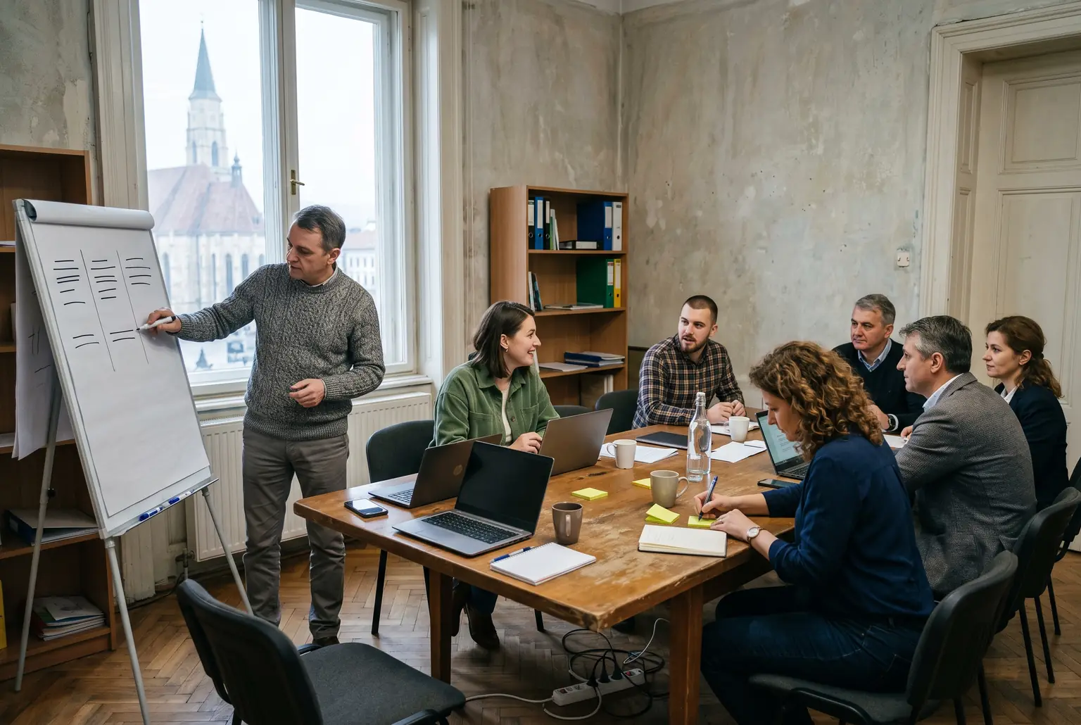 Șapte oameni la o masă de ședință într-o clădire din centrul Clujului, cu un facilitator care notează la flipchart ce spune grupul.