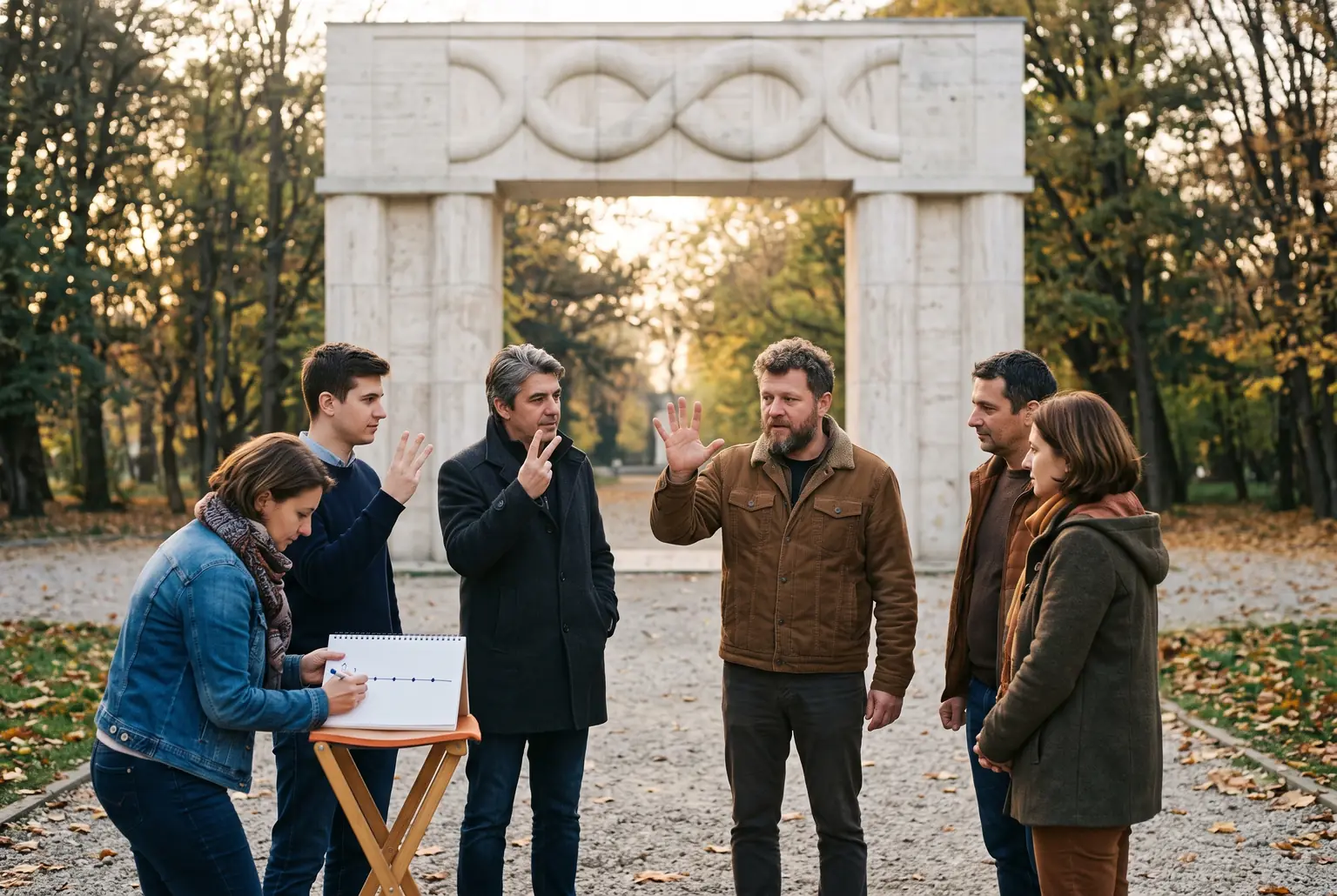 Șase oameni discutând în semicerc într-un parc, în fața Porții Sărutului de la Târgu Jiu.