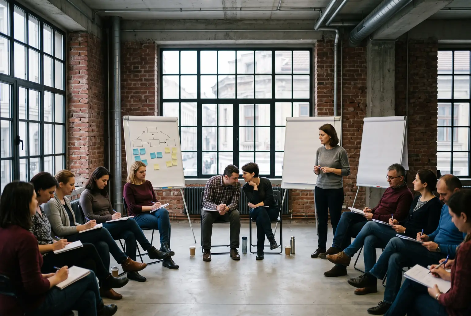 Grup de paisprezece oameni în semicerc, într-o hală industrială din București transformată în sală de curs, cu trei flipcharturi în față.
