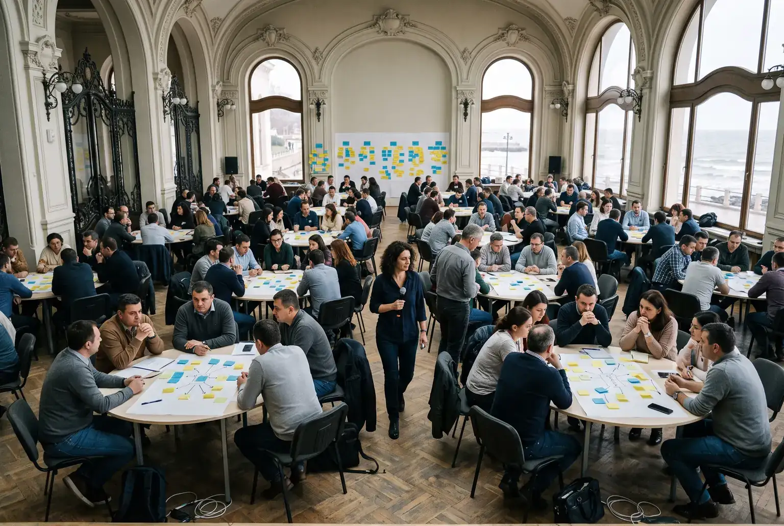 Zeci de oameni lucrând la mese rotunde într-o sală mare cu ferestre arcuite, cu foi de flipchart și post-it-uri pe mese.