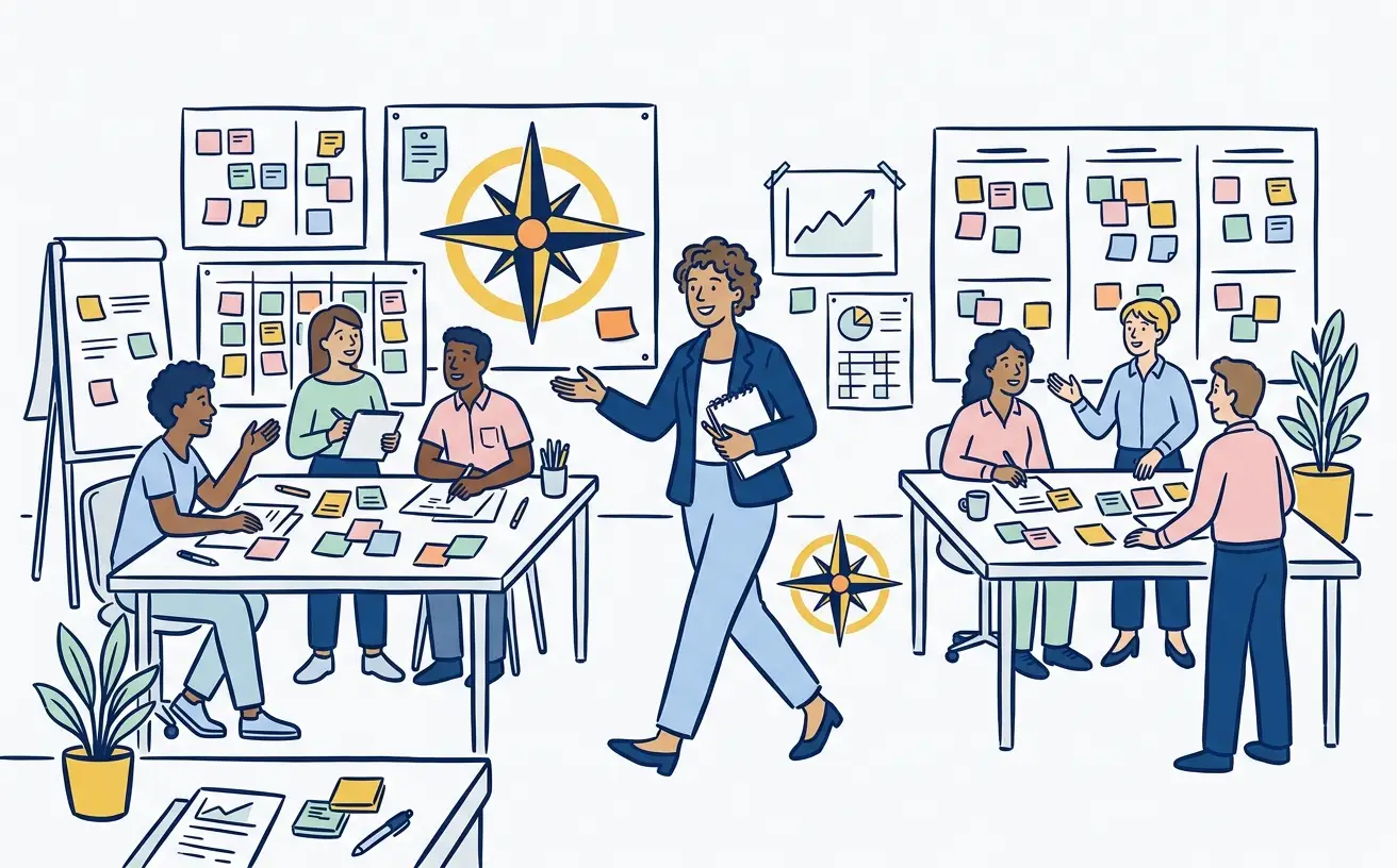 Ilustrație: un facilitator care se mișcă între mai multe mese de lucru, cu table pline de post-it-uri organizate.