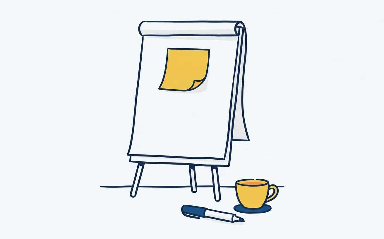 Ilustrație: un flipchart cu primul post-it galben lipit, un marker și o cană de cafea alături — începutul unui parcurs.
