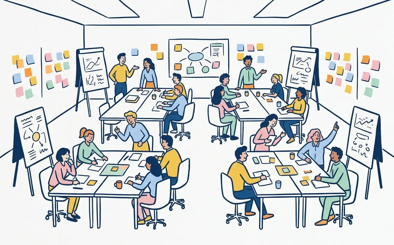 Ilustrație: o sală de ședințe transformată — mesele mutate deoparte, flipcharturi și un perete de post-it-uri colorate, oameni colaborând.