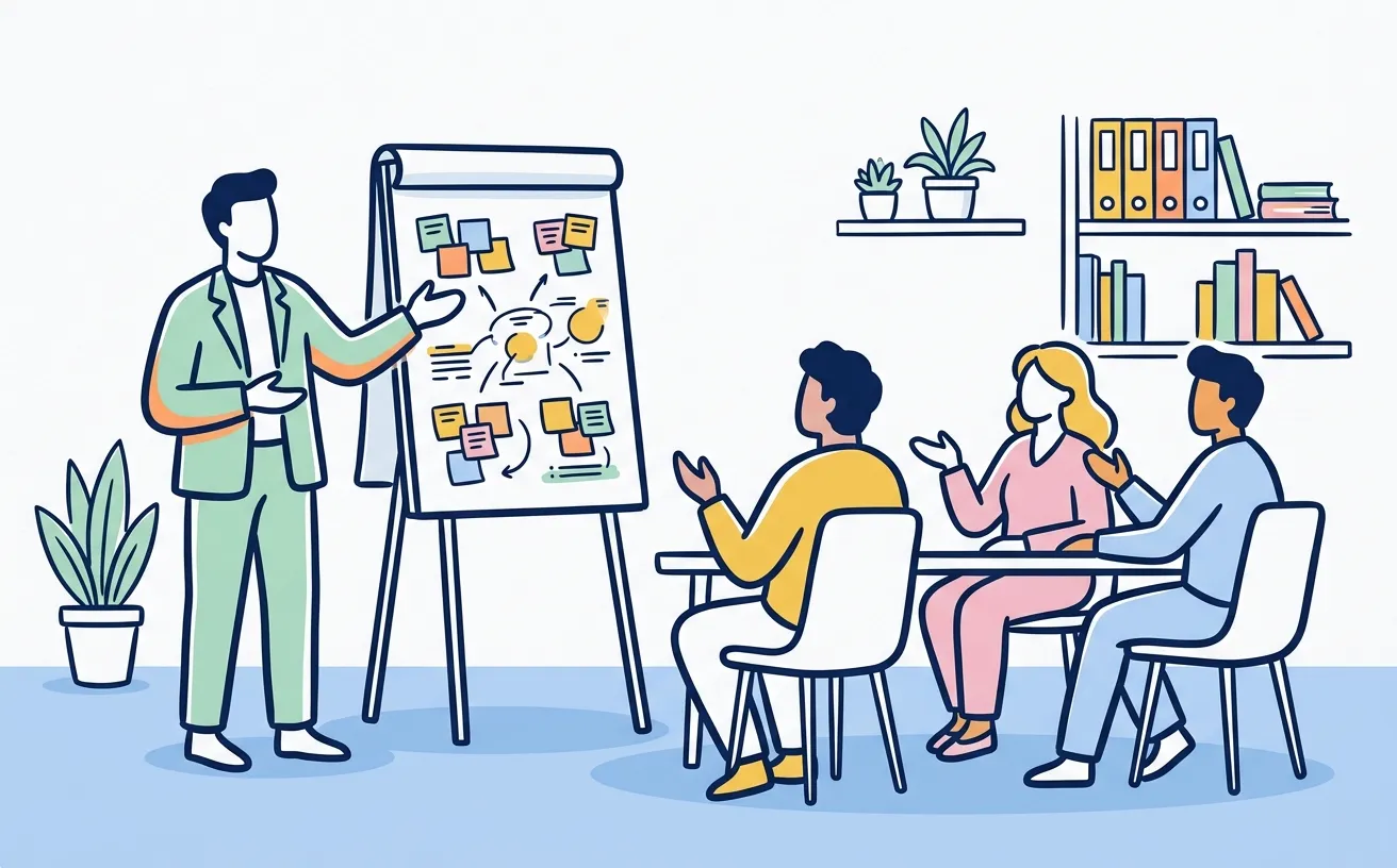 Ilustrație: un facilitator la un flipchart plin, ghidând un grup mic așezat în semicerc, cu post-it-uri grupate pe tablă.